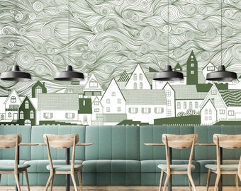 Whimsical Line Art Village Mural Wallpaper, Self Adhesive Wall Mural, Peel and Stick Decal, Removable Wallpaper, Nature Wall Covering X10698