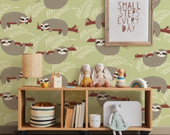 Charming Sloth Green Nursery Mural Wallpaper, Children/Kids' Room Wallpaper Mural, Peel and Stick Decal, Wall Covering X10625