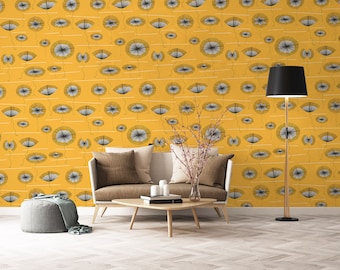 Retro Dandelion Geometric Yellow Mural Wallpaper, Peel & Stick, Self Adhesive Wall Mural, Peel and Stick Decal, Wall Covering X10880