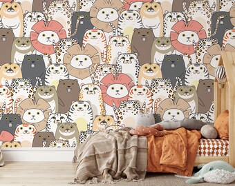 Whimsical Cat Cartoon Pattern Mural Wallpaper - Nursery Peel and Stick Wall Mural Wallpaper - Animal Print Removable Wall Decal X10706