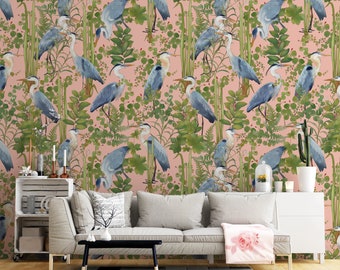 Mural de papel pintado botánico rosa garza tropical, papel pintado mural de árboles vintage, papel pintado de pájaros X13878