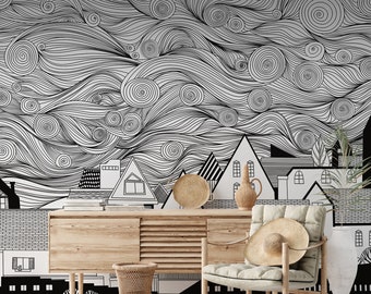 Abstrakte wirbelnde Skyline Schwarz-Weiß-Wandtapete, selbstklebendes Wandbild, Abzieh- und Klebeaufkleber, Wandverkleidung X10699