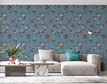 Vintage Blue Floral Mural Wallpaper, Self Adhesive Wall Mural, Peel and Stick Decal,Removable Wallpaper,Nursery Room, Wall Covering X10755