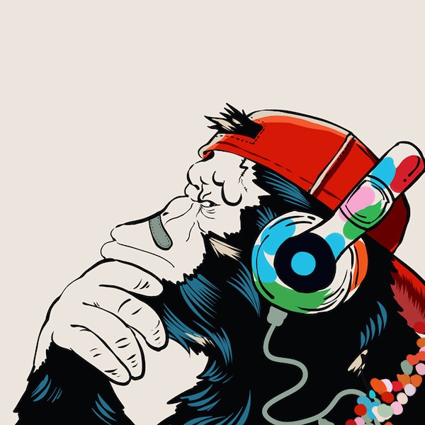 Monkey Hip Hop Graffiti Gorilla Wallpaper Mural,Banksy Thinking Monkey,Gorilla Musician Wall Paper,Peel and Stick Decal,Wall Covering X10934