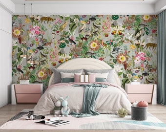 Levendige Jungle Animal Botanische Wallpaper Muurschildering, Peel & Stick, behang kinderkamer Zelfklevende Muurschildering, Wandbekleding X13879A