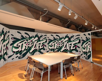 Urban Graffiti Street Life Mural Wallpaper, Peel & Stick, Self Adhesive Wall Mural, Peel and Stick Decal, Wall Covering X10928