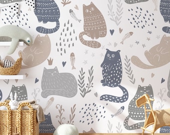 Whimsical Cat Pattern Nursery Mural Wallpaper, Doodle Funny Cats Wallpaper Mural, Cats Wallpaper X10705