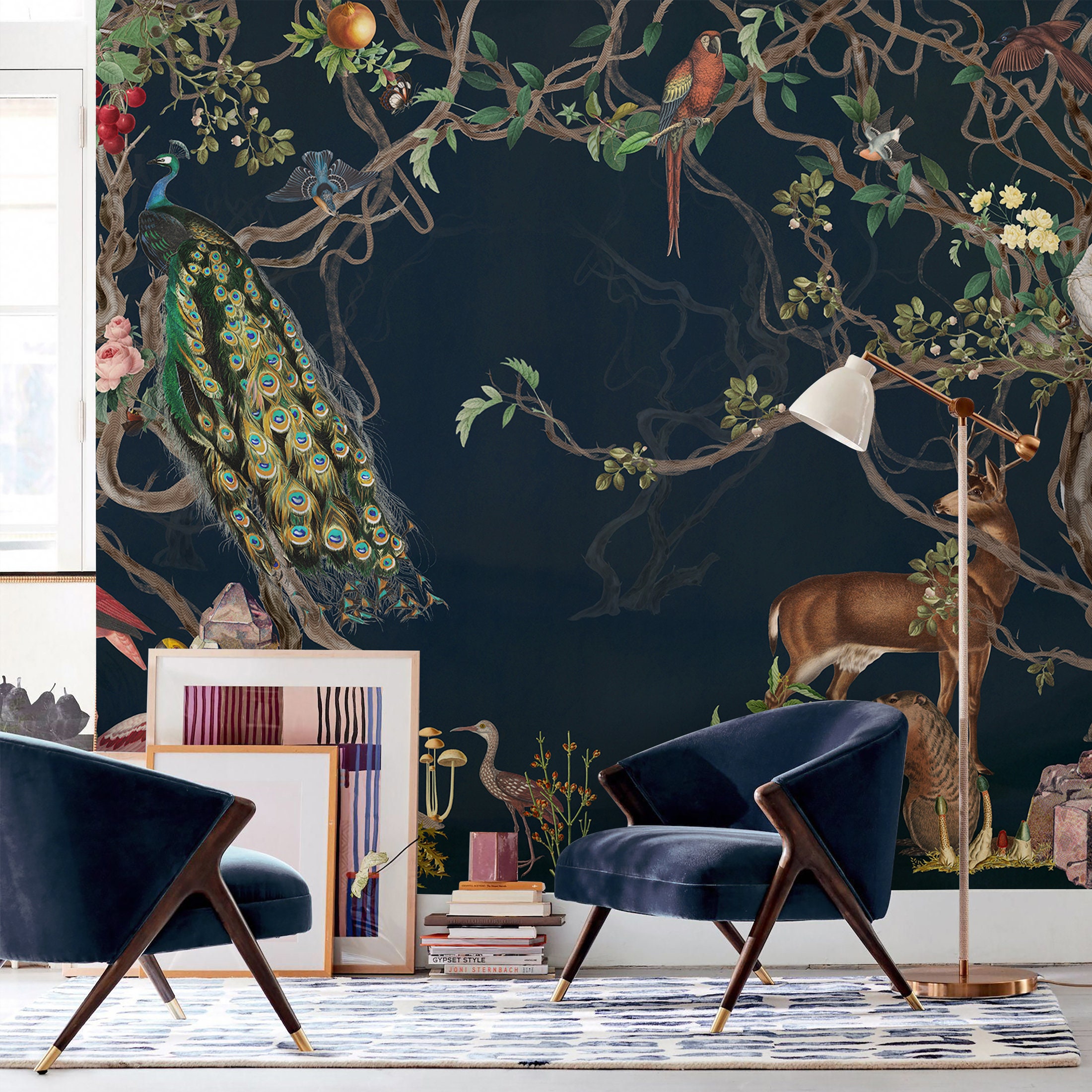 Enchanted Forest Animal Mural Wallpaper, Vintage Trees and Anmials
