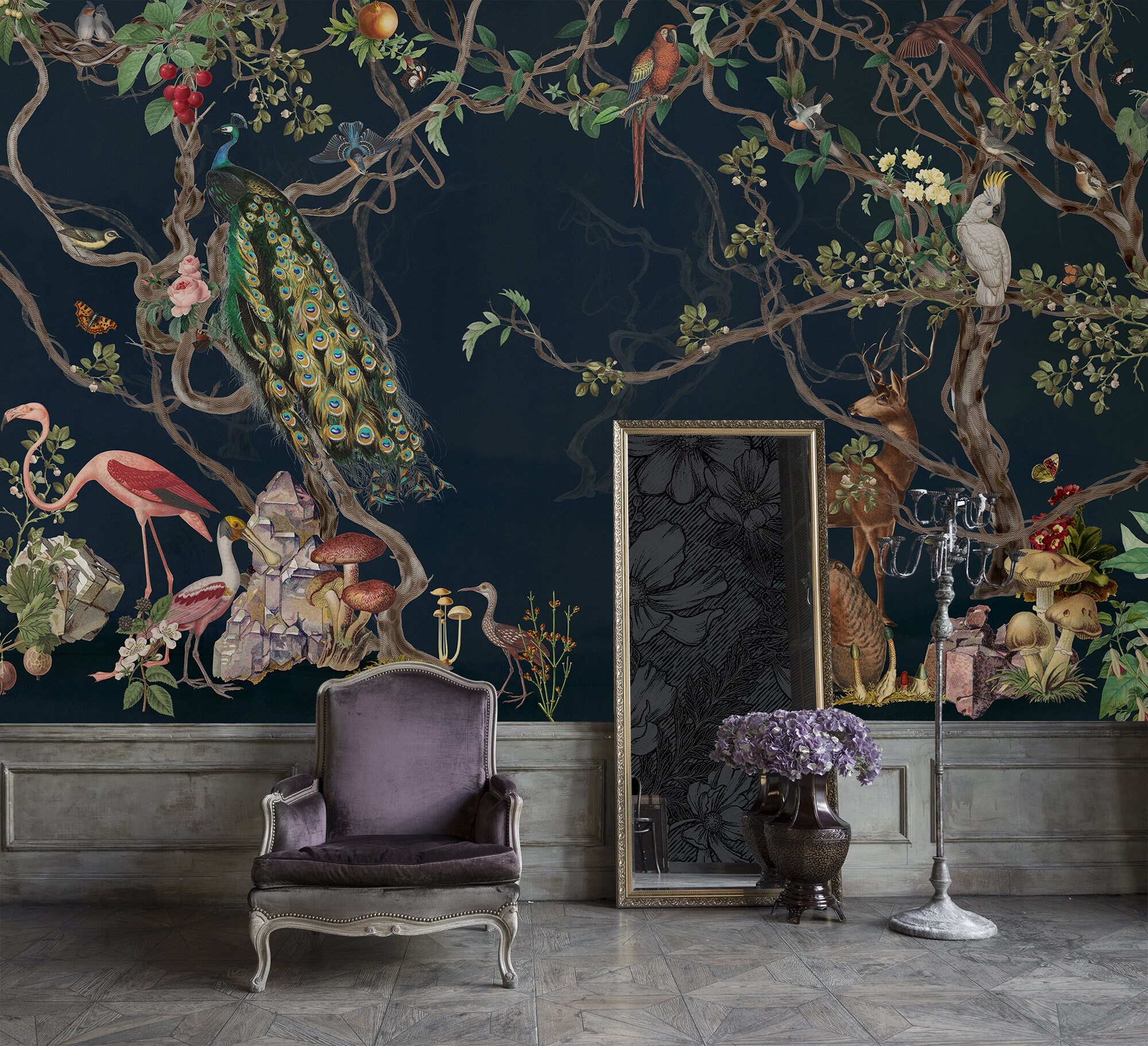 Enchanted Forest Animal Mural Wallpaper, Vintage Trees and Anmials