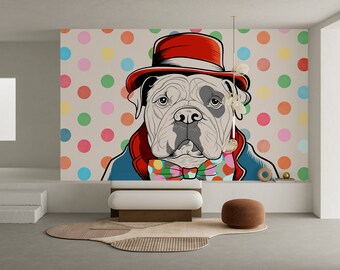 Mural de papel pintado con lunares de Bulldog colorido, papel de pared para perros, papel de pared de animales, calcomanía para pelar y pegar, revestimiento de paredes X13889