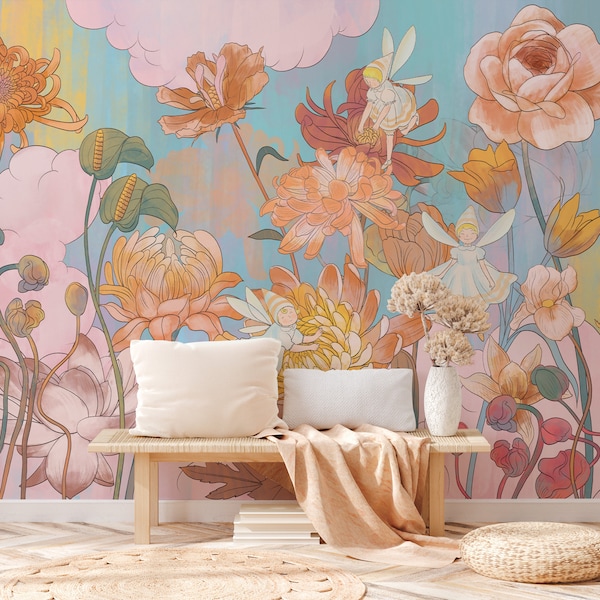 Whimsical Pastel Floral Mural Wallpaper, Floral Peel & Stick, Self Adhesive Wall Mural, Peel and Stick Decal, Flower Wall Covering X13884