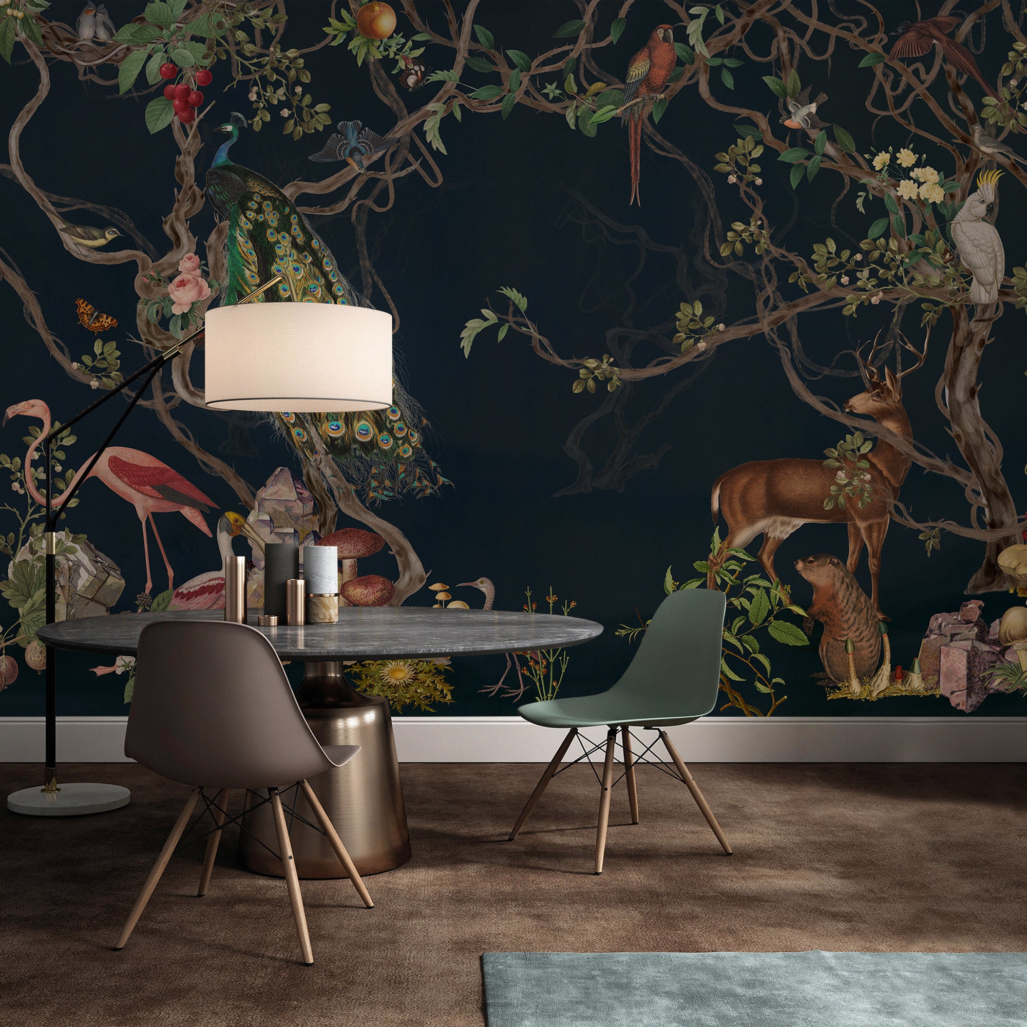 Enchanted Forest Animal Mural Wallpaper, Vintage Trees and Anmials