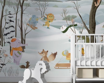 Caprichoso mural de papel pintado de animales del bosque de invierno, mural de papel pintado para habitación de niños/niños, calcomanía de pelar y pegar, revestimiento de paredes X13876