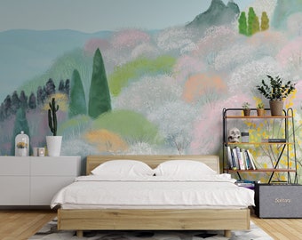 Pastel Watercolor Landscape Mural Wallpaper, Peel & Stick, Self Adhesive Wall Mural, Peel and Stick Decal, Wall Covering X10898