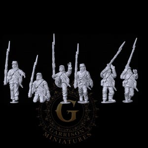 May include: Miniature figurines of soldiers in uniform, holding rifles. The figures are in various poses, some kneeling, others standing, and one raising a hand. The figures are gray and set against a black background. The text "GARRISON MINIATURES" is at the bottom.