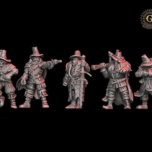 May include: Five gray painted miniature figures of people wearing hats and holding weapons. The figures are posed in a variety of action poses.