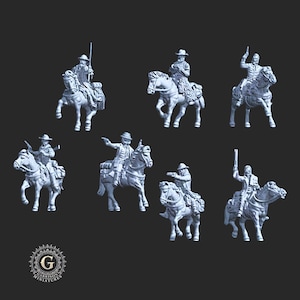 Mounted Bounty Hunters x 7 Wild West Wargames Collectors Figures 28mm/32mm  Dead Man&#39;s Hand, Blackwater Gulch Gunfighter&#39;s Ball UNPAINTED