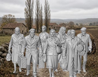 1940s WW2 Refugees Set 2 N Scale 1:160 Figures, Set of 7 - Unpainted Resin Model Railroad