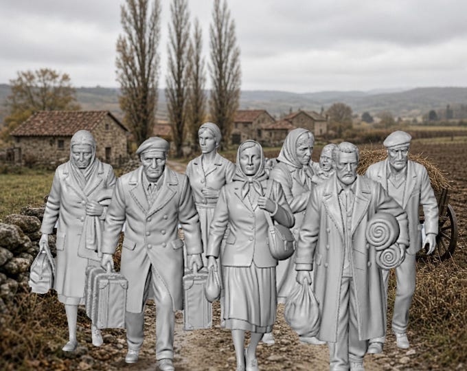 1940s WW2 Refugees Set 2 N Scale 1:160 Figures, Set of 7 - Unpainted Resin Model Railroad