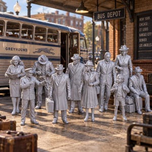 May include: A collection of silver-toned figurines depicting a group of travelers in vintage attire standing near a Greyhound bus at a bus depot. The figures include adults in suits, hats, and coats, and a child with a backpack, all rendered in a monochromatic finish.