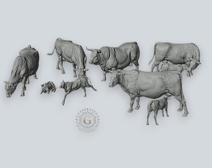 Herd of Red Devon Cattle Unpainted 28mm Resin Miniatures ideal for Dioramas etc