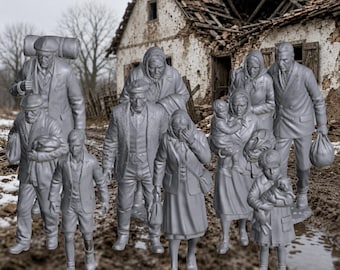 1940s WW2 Refugees N Scale 1:160 Figures, Set of 10 - Unpainted Resin Model Railroad People