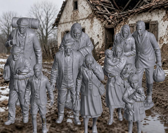 1940s WW2 Refugees N Scale 1:160 Figures, Set of 10 - Unpainted Resin Model Railroad People