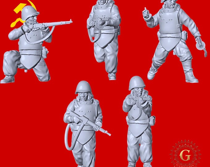 WW2 Red Army Assault Engineers X5 28mm 1/56 Scale Wargames & Collectors Figures by Garrison Miniatures