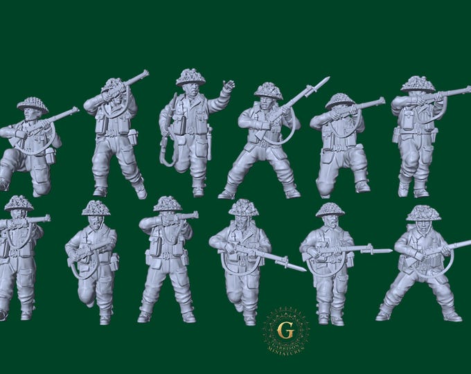 WW2 British Mid-Late War Riflemen X12 Ideal Bolt Action etc UNPAINTED 28mm 1/56 Wargames and Collectors Figures by Garrison Miniatures