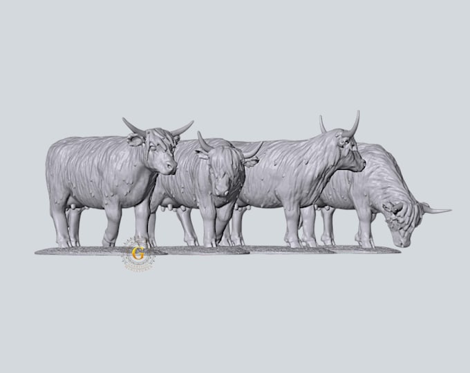 Highland Cows X4 28mm Unpainted Resin Miniatures Diorama Wargame RPG D&D
