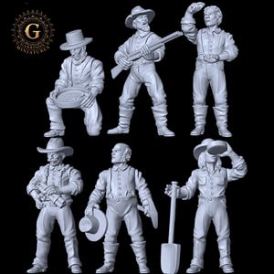 May include: A set of six grey unpainted miniature figurines depicting 19th-century prospectors in various poses, including one kneeling with a gold pan, one holding a rifle, and others with tools like a shovel and pickaxe, with the Garrison Miniatures logo.