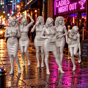 May include: A set of six monochromatic gray figurines depicting individuals in dresses standing on a wet city street at night. A neon sign in the background reads LADIES NIGHT OUT, and a chalkboard sign lists COCKTAILS, MUSIC, DANCING, GOOD COMPANY.