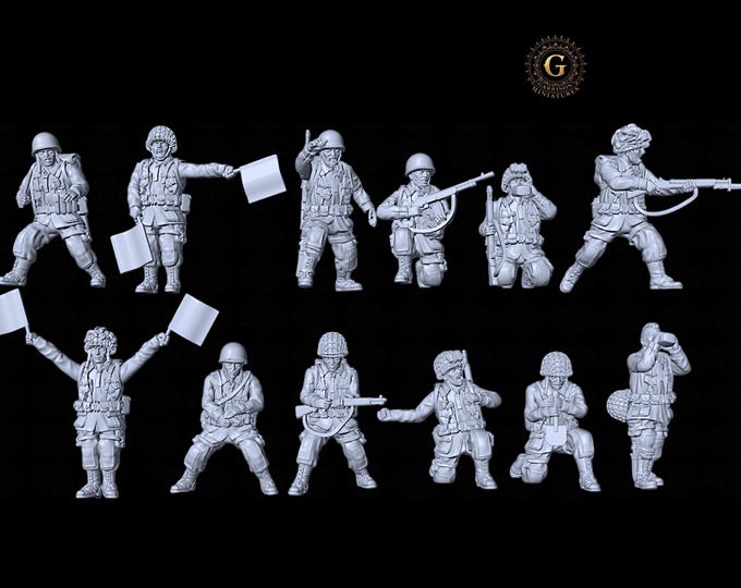 WW2 US Airborne X12 Miniatures 28mm 1/56 ideal Bolt Action etc Unpainted Wargames and Collectors Figures by 3DBreed for Garrison Miniatures