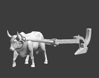 Medieval Ox with Plough, 28mm 1/56