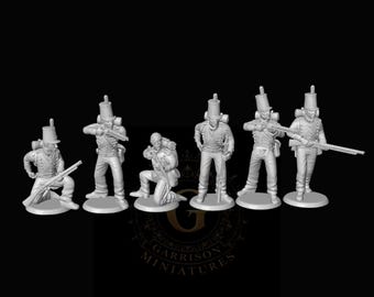 May include: A collection of six miniature figurines of soldiers in uniform, each posed differently. The figures are in a neutral color, with detailed uniforms and accessories, including rifles and backpacks. The base of each figure is visible.