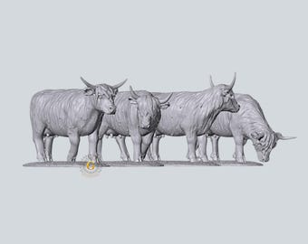 Highland Cattle Miniatures, HO Scale 1/87 Resin Unpainted Model Railroad, Train Layout Diorama Accessories