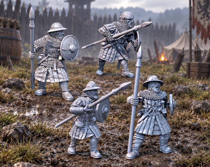 Scots Warriors Spears & Shields X4: 28mm Medieval Unpainted Resin Miniatures