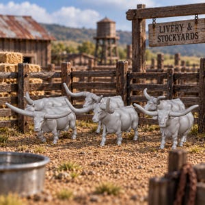 May include: A set of four unpainted gray longhorn cattle figurines standing in a dirt enclosure. The scene features a wooden fence, a water trough, and a sign that reads LIVERY & STOCKYARDS, with a water tower visible in the background.