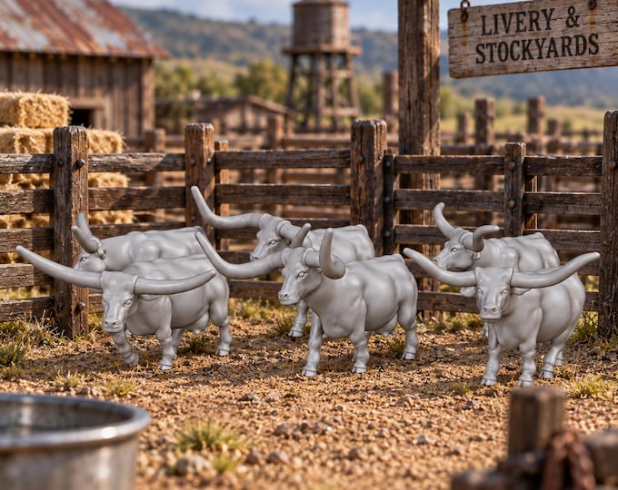 Longhorn Steer Miniatures, HO Scale 1/87 Resin Unpainted Model Railroad, Wild West Train Layout Diorama Accessories