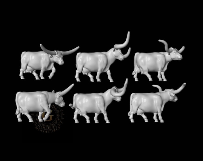 Longhorn Steer Miniatures, HO Scale 1/87 Resin Unpainted Model Railroad, Wild West Train Layout Diorama Accessories