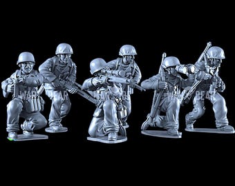 May include: Six gray plastic toy soldiers in various poses, holding rifles and other weapons. The soldiers are wearing helmets and are dressed in military uniforms.