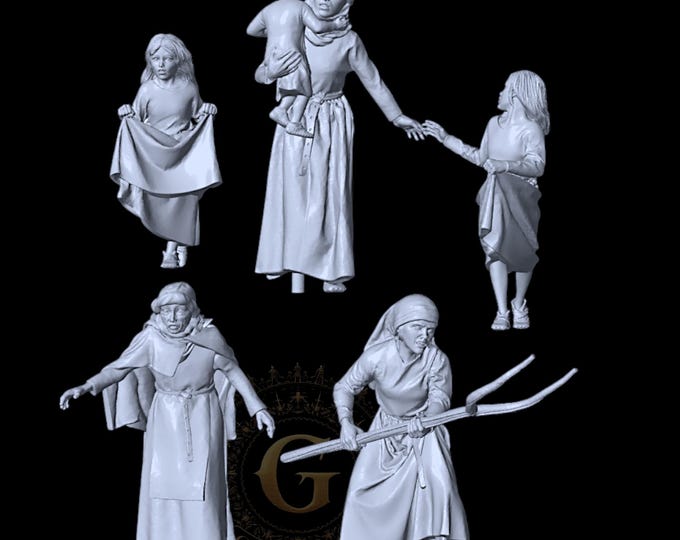 Fleeing Medieval Villagers Set B:  28mm 1/56