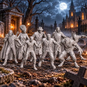 May include: A collection of seven grey monster figurines standing in a graveyard. The group includes a vampire, a bride, a mummy, an invisible man in a trench coat, Frankenstein's monster, a werewolf, and a gill-man creature.