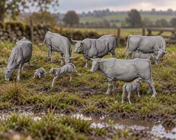 Herd of Red Devon Cattle Unpainted 28mm Resin Miniatures ideal for Dioramas etc