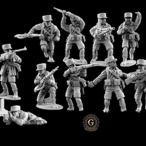 May include: A set of ten gray plastic toy soldiers in various poses, holding rifles and other weapons. The soldiers are wearing hats and uniforms.