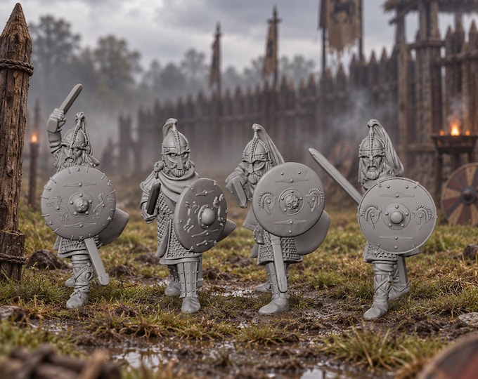 Saxon Thanes on Foot with Swords X4 28mm Dark Ages Unpainted Resin Miniatures