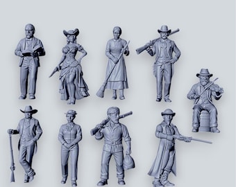 Wild West Townsfolk Miniatures 9-Piece Set 28mm 32mm Unpainted Resin