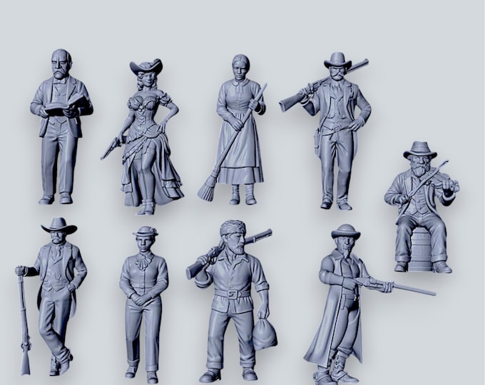 Wild West Townsfolk Miniatures 9-Piece Set 28mm 32mm Unpainted Resin
