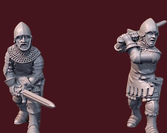 Medieval Knights in Bascinets, 2-Hand Swords: 28mm Wargame Miniatures