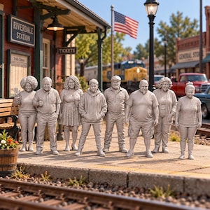 May include: A group of eight monochromatic gray figurines standing on a train station platform. The scene includes a sign reading Riverdale Station, a train, and an American flag. The figures are dressed in casual clothing, including hoodies, shirts, and pants, and are positioned in front of a wooden bench and a wooden building.